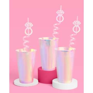 xo, Fetti Bachelorette Decorations Reusable Ring Straw Set - 12 pc | Iridescent Engagement Decorations, Diamond Ring Bridal Party, I Do Drinkware, Engaged Era Party Cute Supplies