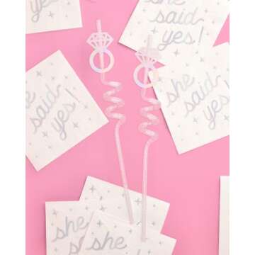 xo, Fetti Bachelorette Decorations Reusable Ring Straw Set - 12 pc | Iridescent Engagement Decorations, Diamond Ring Bridal Party, I Do Drinkware, Engaged Era Party Cute Supplies