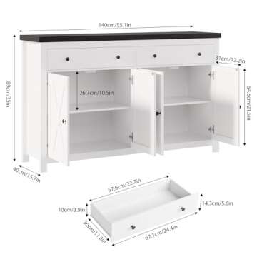 FOTOSOK Sideboard Buffet Cabinet with Storage, 55" Large Kitchen Storage Cabinet with 2 Drawers and 4 Doors, Wood Coffee Bar Cabinet Buffet Table for Kitchen Dining Room, White and Black