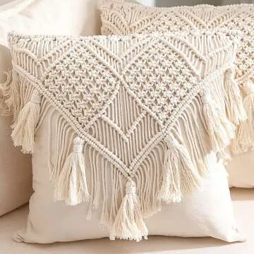 Boho Macrame Throw Pillow Covers Set, 17x17 inches