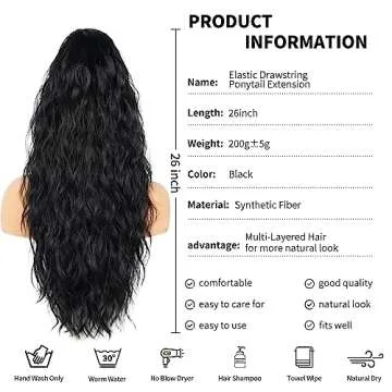 26 inch Black Ponytail Extension, Drawstring Ponytail for Women, Long Wavy Pony Tails Hair Extensions, Synthetic Hair Extensions Ponytail for Daily Use (Color: Black)