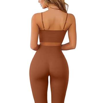 QINSEN Workout Leggings for Women High Waist,Seamless Running Sport Bra 2 Piece Outfits Set Rust M