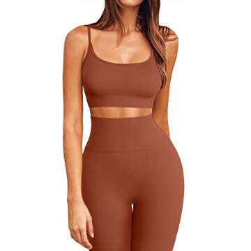 QINSEN Workout Leggings for Women High Waist,Seamless Running Sport Bra 2 Piece Outfits Set Rust M