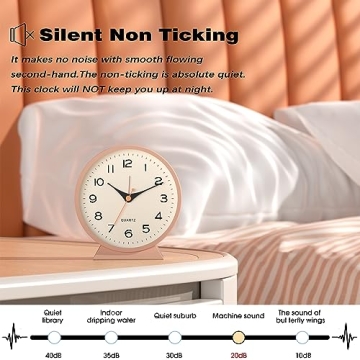 AYRELY® 4.5" Analog Alarm Clock,Small Retro Desk Clock Battery Operated,Slient Metal Table Clock with Light for Living Room Decor,Bedroom,Bedside,Shelf(Pink)
