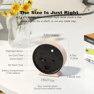 AYRELY® 4.5" Analog Alarm Clock,Small Retro Desk Clock Battery Operated,Slient Metal Table Clock with Light for Living Room Decor,Bedroom,Bedside,Shelf(Pink)