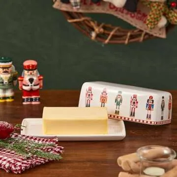 Bico Christmas Soldier Ceramic Butter Dish with Lid, Butter Keeper for Counter, Kitchen, Dishwasher Safe