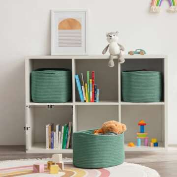 UBBCARE 3-Pack Woven Rope Shelf Baskets - 15x10x9in Decorative Storage Basket for Toys, Kids Playroom, Closet Organization & Cube Storage Organizer | Gift Basket Empty, Green