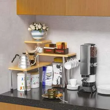 ZHWS Kitchen Countertop Organizer, Kitchen Corner Shelf, Adjustable 3 Tier Bathroom Counter Organizer with 4 Hooks, Coffee Bar Organizer, Counter Corner Shelf for Spice Rack, Over Sink, Dresser Table