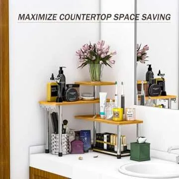 ZHWS Kitchen Countertop Organizer, Kitchen Corner Shelf, Adjustable 3 Tier Bathroom Counter Organizer with 4 Hooks, Coffee Bar Organizer, Counter Corner Shelf for Spice Rack, Over Sink, Dresser Table