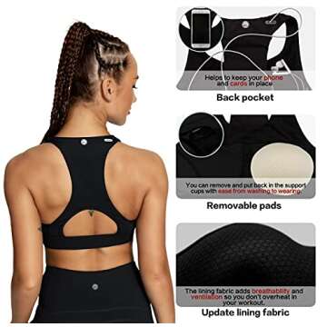 QUEENIEKE Women's Medium Support Back Pocket Energy Sport Bra Cotton Feel Size L Color Black
