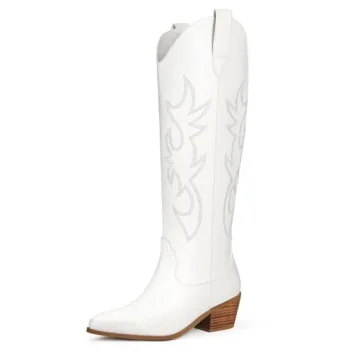Stylish White Cowboy Boots for Women with Wide Calf Design and Chunky Heel