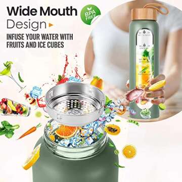 Aqulea Glass Water Bottles 32 Oz with Silicone Sleeve - BPA Free Reusable Wide Mouth Glass Motivational Water Bottles with Fruit Infuser – Leak Proof Borosilicate Water Bottle with Time Marker (Green)