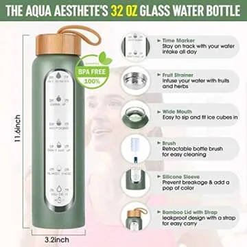 Aqulea Glass Water Bottles 32 Oz with Silicone Sleeve - BPA Free Reusable Wide Mouth Glass Motivational Water Bottles with Fruit Infuser – Leak Proof Borosilicate Water Bottle with Time Marker (Green)