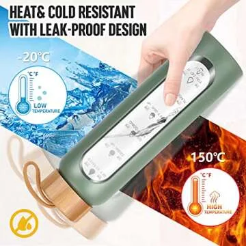 Aqulea Glass Water Bottles 32 Oz with Silicone Sleeve - BPA Free Reusable Wide Mouth Glass Motivational Water Bottles with Fruit Infuser – Leak Proof Borosilicate Water Bottle with Time Marker (Green)