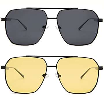 Hycredi Oversized Polarized Sunglasses for Women Men Retro Square Trendy Sun Glasses Classic Large Metal Shades UV400(Black/Grey+Black/Yellow)
