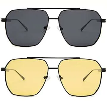 Hycredi Oversized Polarized Sunglasses for Women Men Retro Square Trendy Sun Glasses Classic Large Metal Shades UV400(Black/Grey+Black/Yellow)