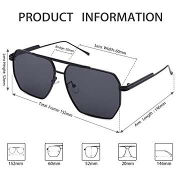 Hycredi Oversized Polarized Sunglasses for Women Men Retro Square Trendy Sun Glasses Classic Large Metal Shades UV400(Black/Grey+Black/Yellow)