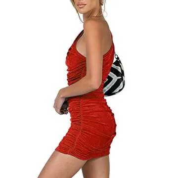 LYANER Women's Sexy One Shoulder Ruched Sleeveless Bodycon Mini Short Dress Red Large