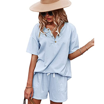 CORSKI Women's Short Sleeve Sweatsuit Sets Lounge 2 Piece V Neck Tracksuit Casual Loose Fit Outfits