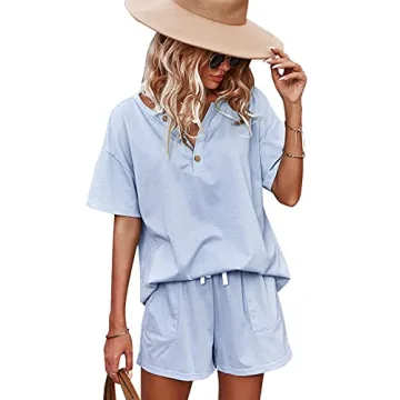 CORSKI Women's Short Sleeve Sweatsuit Sets Lounge 2 Piece V Neck Tracksuit Casual Loose Fit Outfits