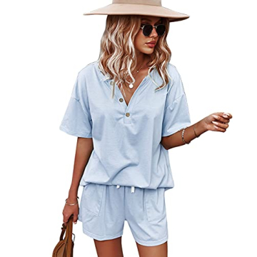 CORSKI Women's Short Sleeve Sweatsuit Sets Lounge 2 Piece V Neck Tracksuit Casual Loose Fit Outfits