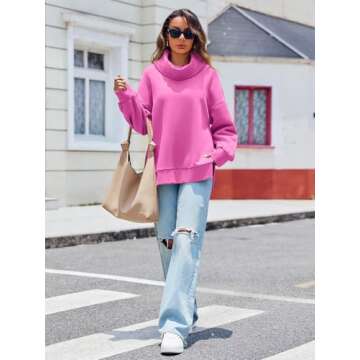 Womens Turtleneck Oversized Sweatshirts Side Zip Long Sleeve Casual Warm Pullover Tops Pink