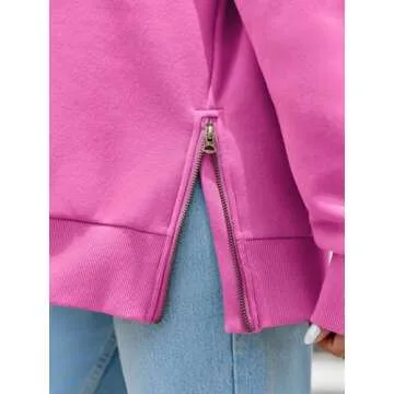 Womens Turtleneck Oversized Sweatshirts Side Zip Long Sleeve Casual Warm Pullover Tops Pink