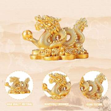 YODOOLTLY Feng Shui Dragon Statue- Chinese Dragon on Ancient Coins Figurine Ornament Attract Wealth and Good Luck Office Home Decor (Gold)
