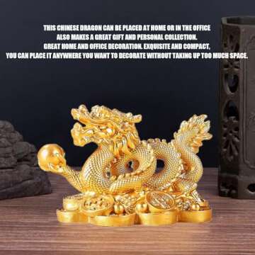 YODOOLTLY Feng Shui Dragon Statue- Chinese Dragon on Ancient Coins Figurine Ornament Attract Wealth and Good Luck Office Home Decor (Gold)