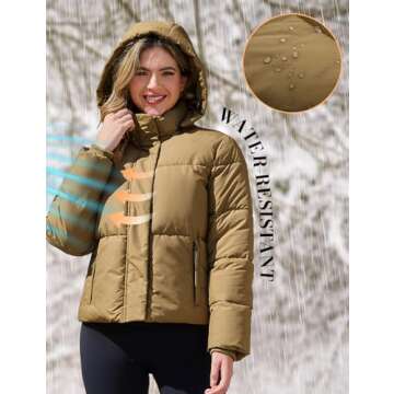 PEHMEA Women's Winter Cropped Puffer Jacket, Full Zip Thicken Short Coat with Detachable Hood(Khaki-...