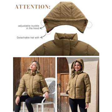 PEHMEA Women's Winter Cropped Puffer Jacket, Full Zip Thicken Short Coat with Detachable Hood(Khaki-S)