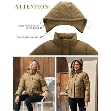 PEHMEA Women's Winter Cropped Puffer Jacket, Full Zip Thicken Short Coat with Detachable Hood(Khaki-S)