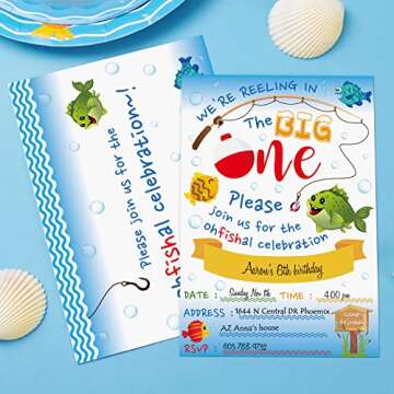 WERNNSAI Gone Fishing Invitation with Envelopes - Little Fisherman 1st Birthday Party Supplies for Kids Swim Pool Beach Summer The Big One Birthday Party Invitations 20 Sets