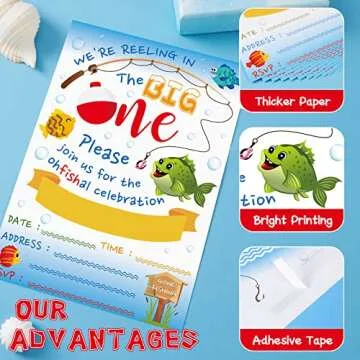 WERNNSAI Gone Fishing Invitation with Envelopes - Little Fisherman 1st Birthday Party Supplies for Kids Swim Pool Beach Summer The Big One Birthday Party Invitations 20 Sets