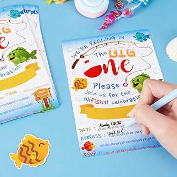 WERNNSAI Gone Fishing Invitation with Envelopes - Little Fisherman 1st Birthday Party Supplies for Kids Swim Pool Beach Summer The Big One Birthday Party Invitations 20 Sets