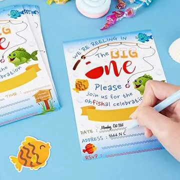 WERNNSAI Gone Fishing Invitation with Envelopes - Little Fisherman 1st Birthday Party Supplies for Kids Swim Pool Beach Summer The Big One Birthday Party Invitations 20 Sets