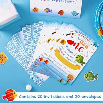 WERNNSAI Gone Fishing Invitation with Envelopes - Little Fisherman 1st Birthday Party Supplies for Kids Swim Pool Beach Summer The Big One Birthday Party Invitations 20 Sets