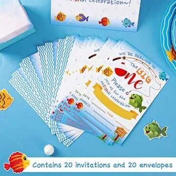 WERNNSAI Gone Fishing Invitation with Envelopes - Little Fisherman 1st Birthday Party Supplies for Kids Swim Pool Beach Summer The Big One Birthday Party Invitations 20 Sets