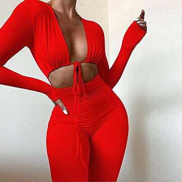 Azhong Women's Sexy Cut Out Bodycon Jumpsuit Lace Up Front V Neck One Piece Outfit Long Sleeve Rompe...
