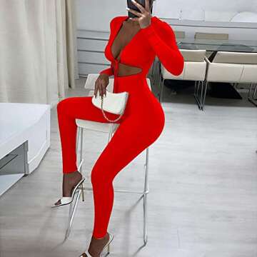 Azhong Women's Sexy Cut Out Bodycon Jumpsuit Lace Up Front V Neck One Piece Outfit Long Sleeve Rompers