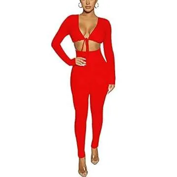 Azhong Women's Sexy Cut Out Bodycon Jumpsuit Lace Up Front V Neck One Piece Outfit Long Sleeve Rompers