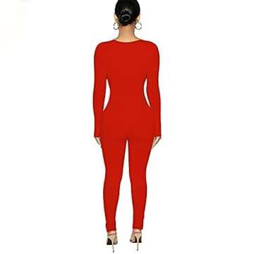 Azhong Women's Sexy Cut Out Bodycon Jumpsuit Lace Up Front V Neck One Piece Outfit Long Sleeve Rompers