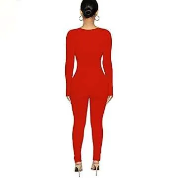Azhong Women's Sexy Cut Out Bodycon Jumpsuit Lace Up Front V Neck One Piece Outfit Long Sleeve Rompers