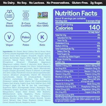 Happy Viking Vanilla Plant Protein Powder, Created by Venus Williams, 20G Protein, Low Carb, Keto, Vegan, Gluten-Free, Non-GMO, Superfoods, Complete Meal Replacement, 1 Canister (24 oz.)