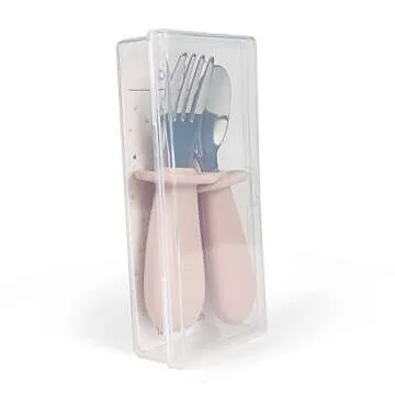 Ali+Oli Spoon & Fork Learning Set for Toddlers (Powder Pink) 6m+ Grab Easy BPA Free Food-Grade Silicone Handle, Kids Silverware Self Feeding Baby Utensil, Multi-stage Baby Feeding Set Ergonomic Design