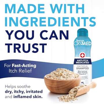 TropiClean OxyMed Dog Shampoo for Allergies and Itching , Medicated Oatmeal Shampoo for Dry Itchy Skin, Seborrhea, & Hot Spots, Cat Safe, 20oz.