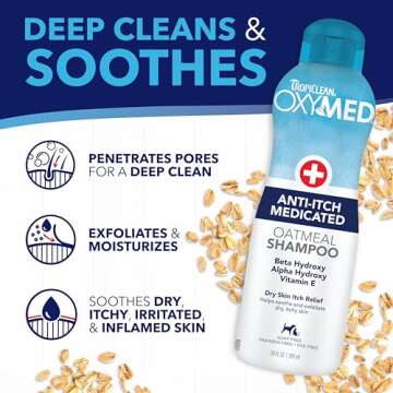 TropiClean OxyMed Dog Shampoo for Allergies and Itching , Medicated Oatmeal Shampoo for Dry Itchy Skin, Seborrhea, & Hot Spots, Cat Safe, 20oz.
