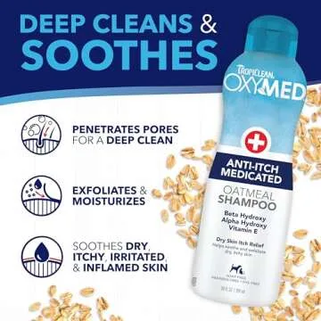TropiClean OxyMed Dog Shampoo for Allergies and Itching , Medicated Oatmeal Shampoo for Dry Itchy Skin, Seborrhea, & Hot Spots, Cat Safe, 20oz.