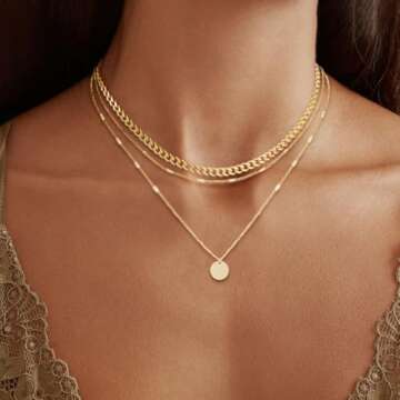 JECOMY 14K Gold Plated Layering Necklaces For Women Gold Necklace Set, Cuban Link, Snake Chain, Pape...