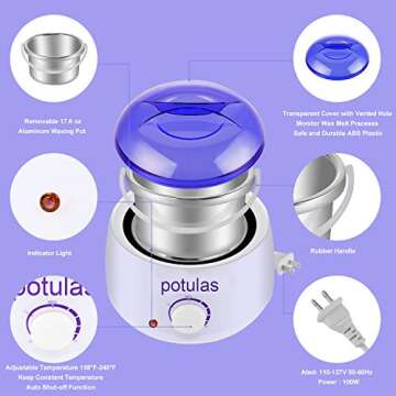 Hair Removal Waxing Kit, Wax Warmer with 4 PC Hard Wax Beans (14.1oz) 20 Wax Applicator Sticks 5 Aluminium Bowls for Full Body, Legs, Face, Eyebrows, Bikini Women Men Painless at Home Waxing